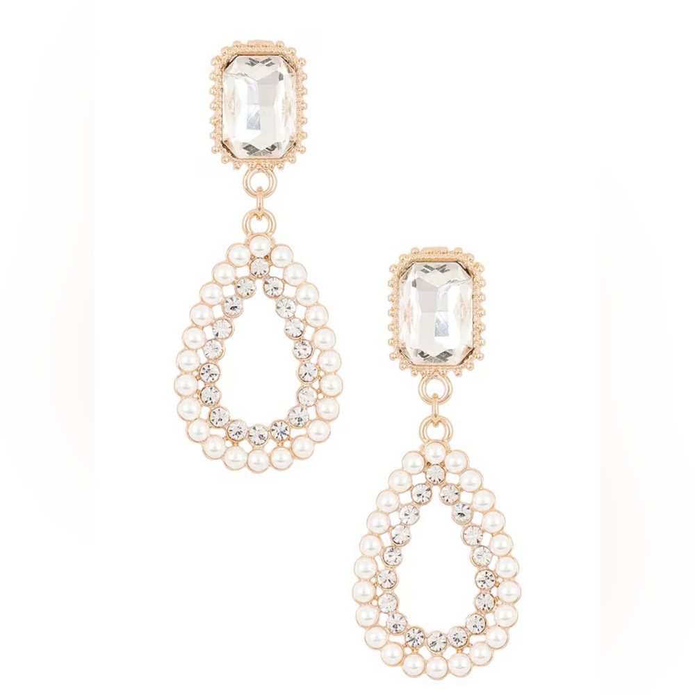 ettika Gold and Clear Pearl Teardrop Drop Earrings